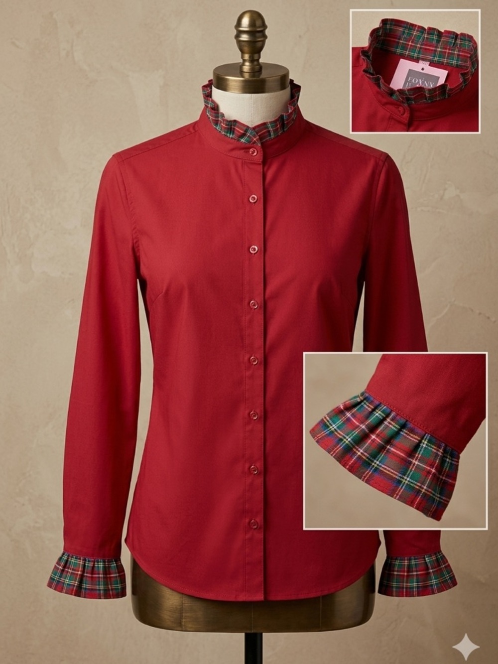 Pearly Vine Vibrant Red Casual Button Down Shirt with‎ Mandarin Collar Sz L NWT